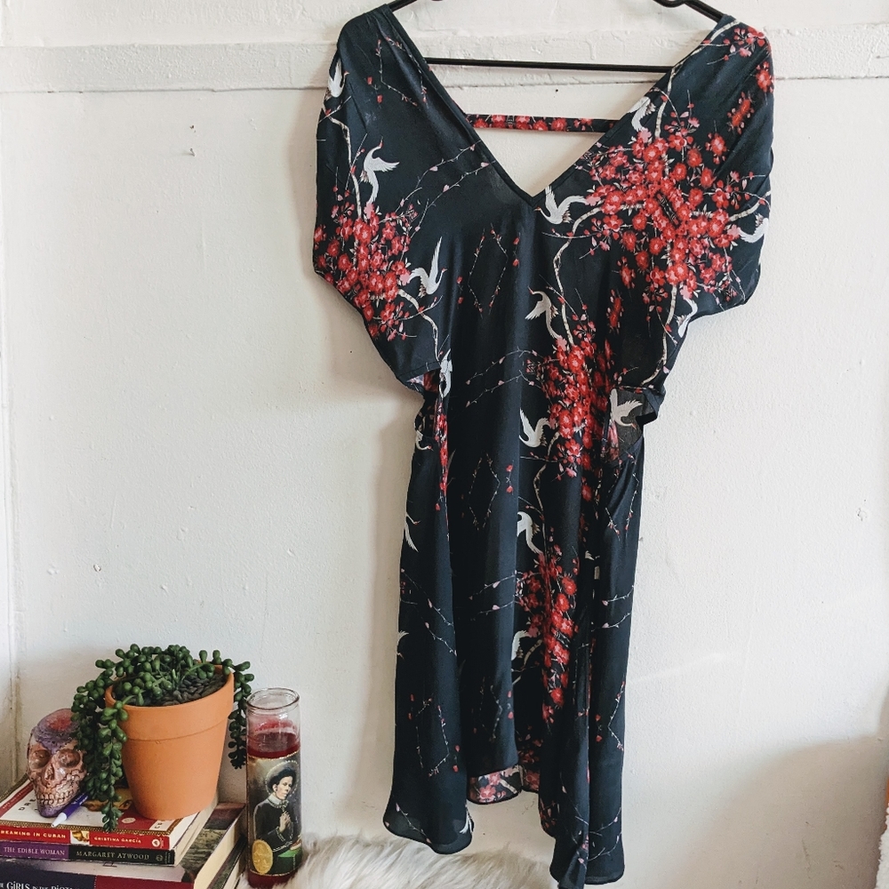 Carolina K Floral Cherry Blossom Crane Bird Print Kimono Mini Dress XS